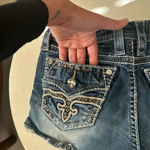 Rock Revival Distressed Dark Blue Denim Cutoff Shorts - Picture 4 of 7